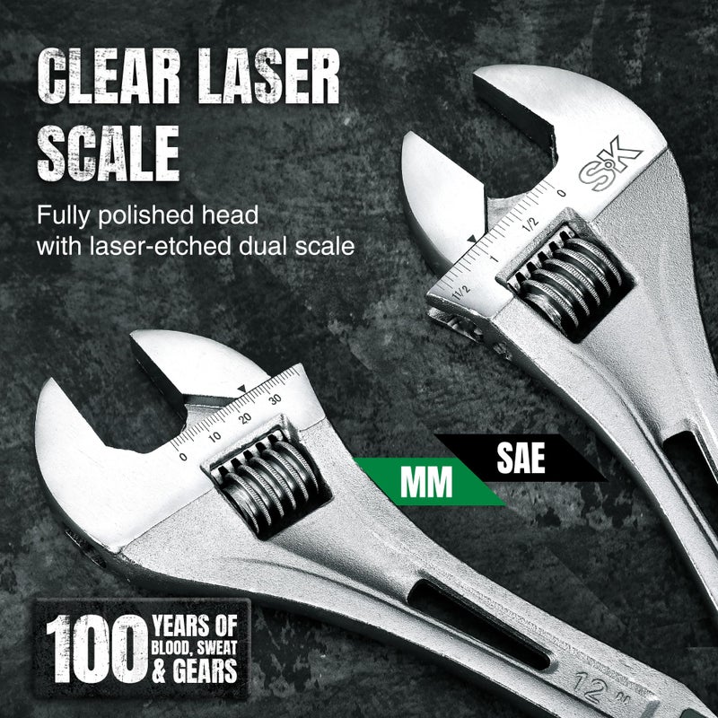 SK 2-Piece Adjustable Wrench Set  10-Inch  12-Inch  Cr-V Steel  SAE & Metric Scales - Image 2